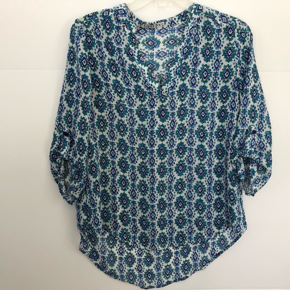 Cupid's Diary White w/Blue BOHO print Sheer V-neck Pullover Blouse S
